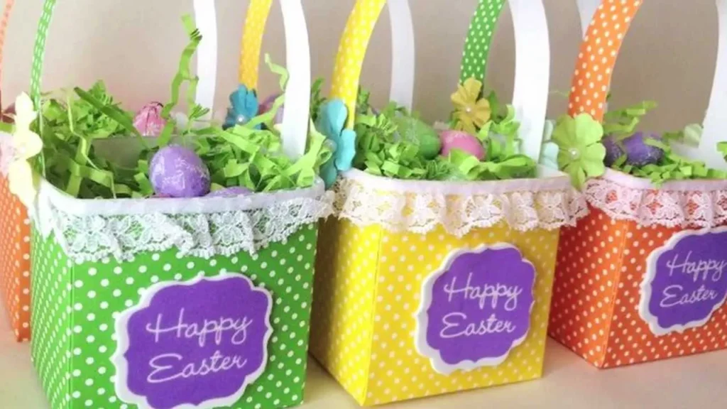 pastel easter basket for adults filled with chocolates candles coffee beans and cozy gifts on spring table