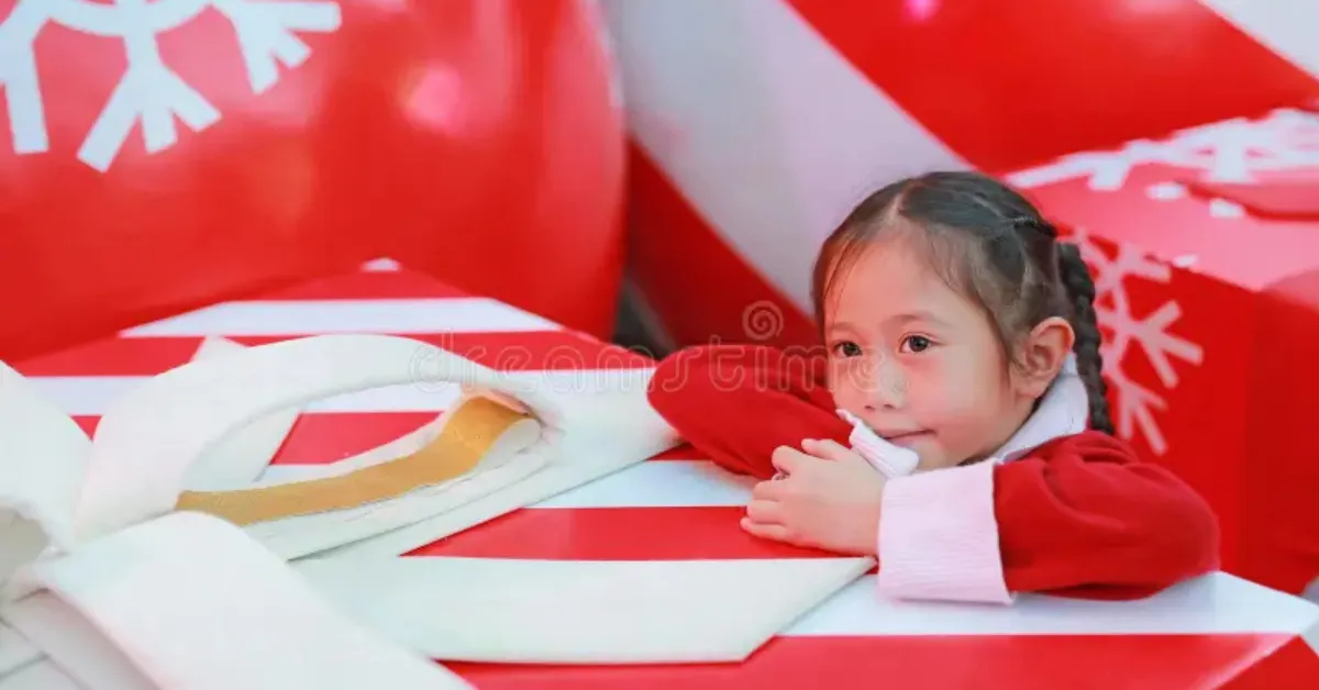 Toddler opening a handmade Valentine’s Day card decorated with hearts and candy on a wooden floor.