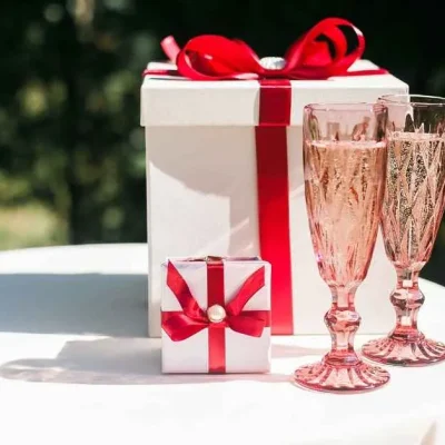 White gift boxes with red ribbon bows placed on a table beside two pink champagne glasses in an outdoor setting