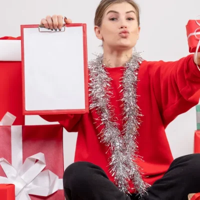 A woman wearing a red sweater and silver tinsel garland, sitting among wrapped Christmas gifts in red, white, and green. She holds a small gift in one hand and a blank clipboard in the other, making a playful kissing face